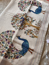 Beige Blue Linen Kantha Embroidery Saree