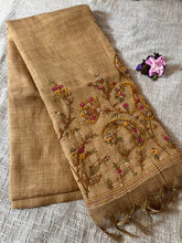 Yellow Linen Kantha Embroidery Saree
