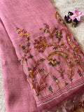 Onion Pink Linen Kantha Embroidery Saree