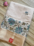 Beige Linen Tissue Saree with Kantha Stich