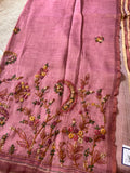 Onion Pink Linen Kantha Embroidery Saree